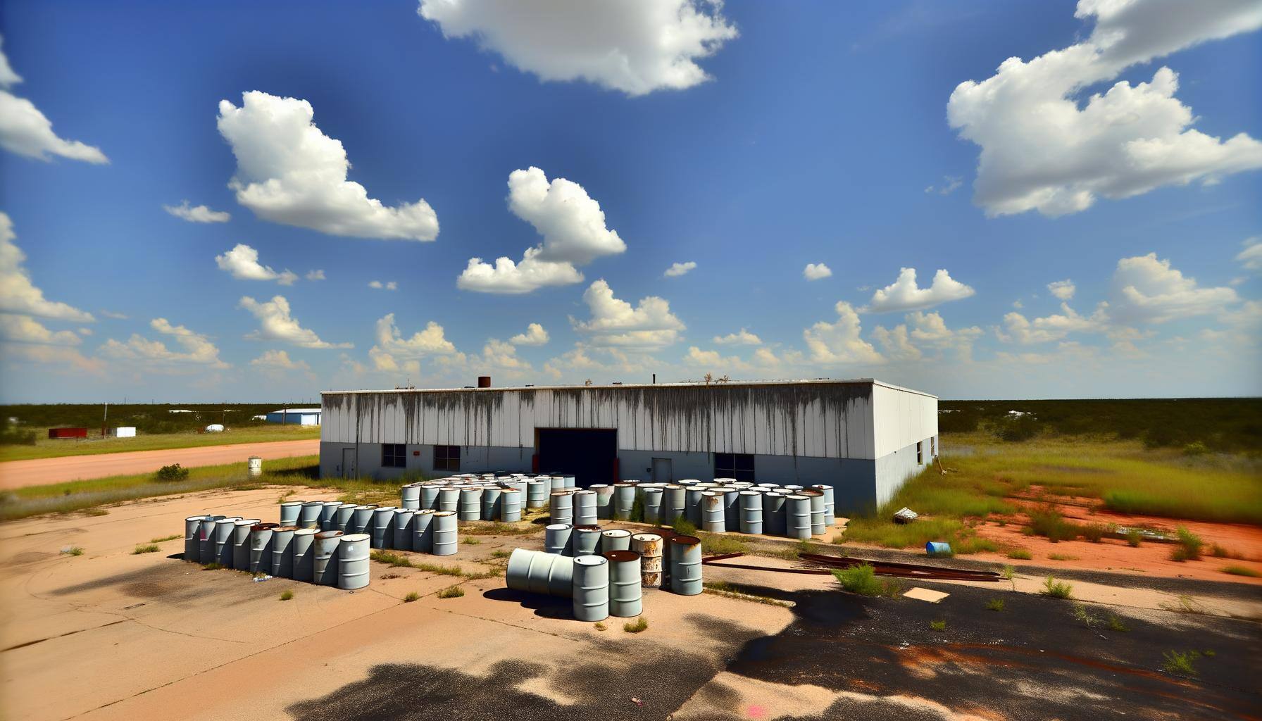 A abandoned facility with 55 gallon steel drums outside in the early afternoon with some landscape also present in the picture A abandoned facility with 55 gallon steel drums outside in the early afternoon with some landscape also present in the picture