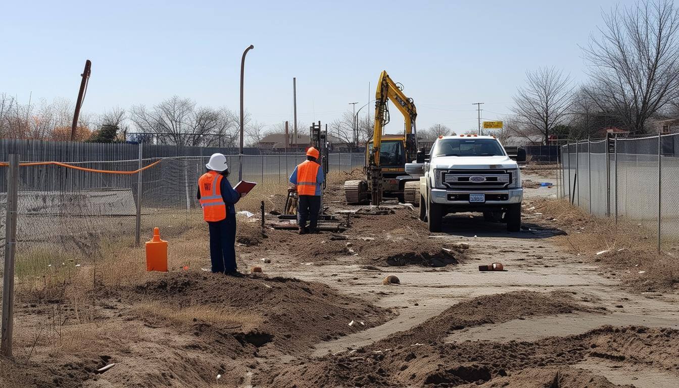 Please provide me an image of a contaminated site in a fence that is currently undergoing a Phase 2 Environmental Site Assessment, please zoom out so Please provide me an image of a contaminated site in a fence that is currently undergoing a Phase 2 Environmental Site Assessment, please zoom out so