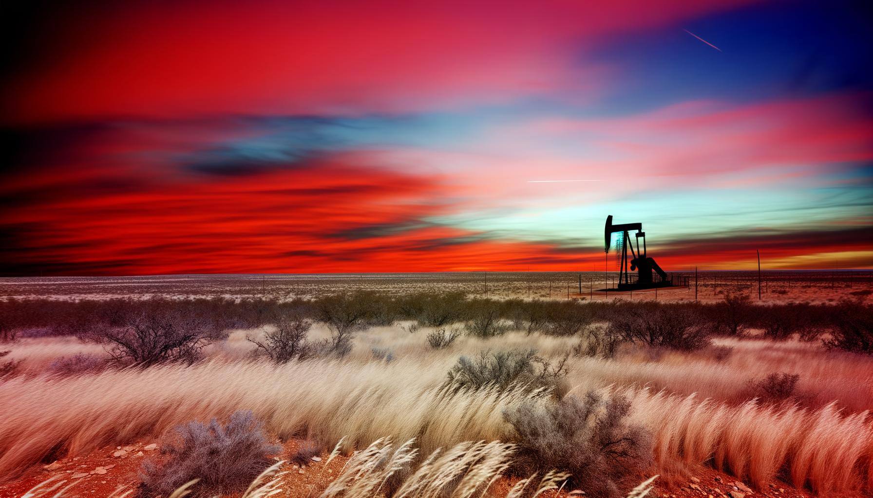 Please provide me with a realistic looking image of a west texas landscape with a pump jack operating off in the distance Please provide me with a realistic looking image of a west texas landscape with a pump jack operating off in the distance