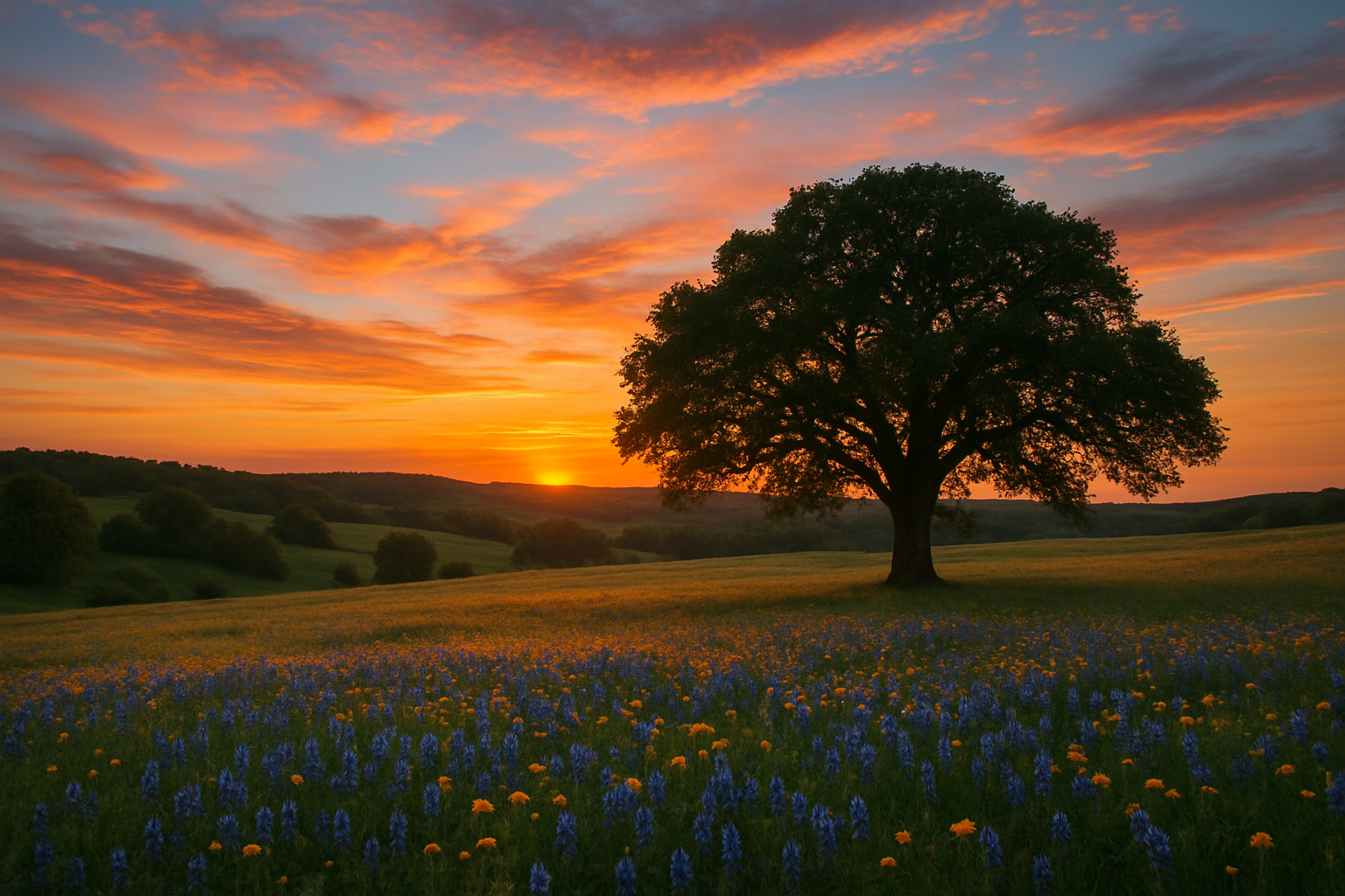 photographic Imagine a serene East Texas landscape at dusk where rolling hills meet vast fields of wildflowers swaying gently in the breeze A solitary