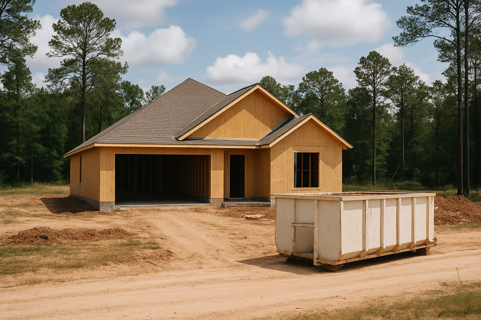 photographic please generate a realistic photo of a residential development project  with one house in East Texas that is halfway complete I would lik-1